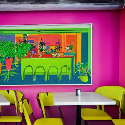 Image similar to taiwanese style cafe inside are australian patrons, decorated with cannabis pot plants 🪴 utopia frontage, pop art poster, vivid colors by will barnet