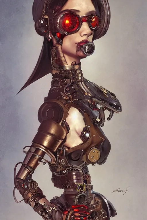 Image similar to anthropomorphic cherry as a steampunk cyborg, portrait, western, steampunk, duster, fantasy, intricate, elegant, highly detailed, digital painting, artstation, concept art, sharp focus, illustration, art by artgerm and greg rutkowski and alphonse mucha