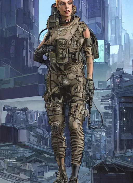 Prompt: Selina. USN special forces futuristic recon operator, cyberpunk military hazmat exo-suit, on patrol in the Australian autonomous zone, deserted city skyline. 2087. Concept art by James Gurney and Alphonso Mucha. (mgs, rb6s)