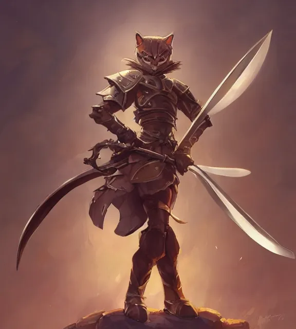 a cat warrior wearing armor holding a sword,, Stable Diffusion