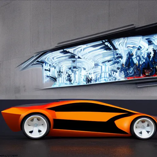 Image similar to sci-fi cars : wall near structure on : the coronation of napoleon painting : and digital billboard in the middle, in style of zaha hadid, suprematism composition, unreal engine 5, keyshot, octane, artstation trending, in lighting of blade runner 2049, ultra high detail, ultra photo realistic, 8k, 16k, in plastic, dark, tilt shift,