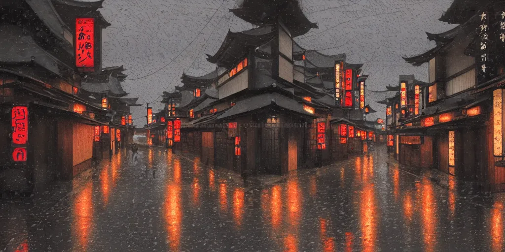 feudal japan tokyo street at dusk, raining, detailed | Stable Diffusion