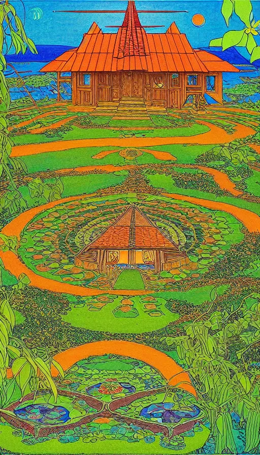 Image similar to ecovillage monastery on hawaii, solarpunk, permaculture, by ivan bilibin,