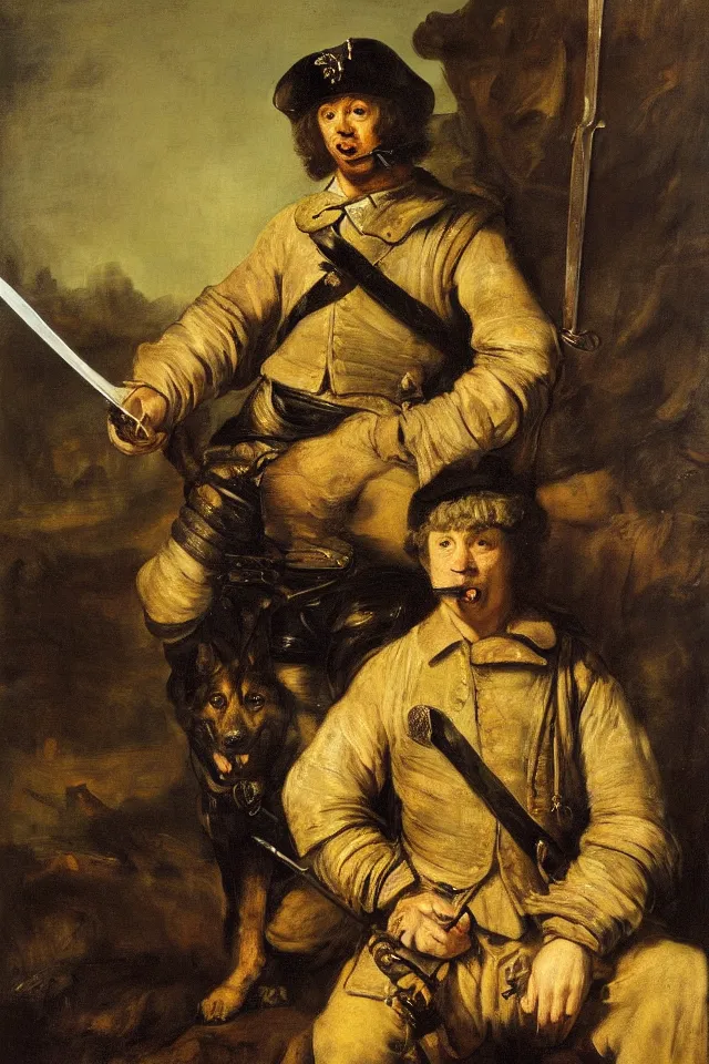 Prompt: a portrait of a german shepherd with a sword in his mouth, sitting in front of a war scene, art style of rembrandt, eugene delacroix, francisco goya, caspar david friedrich, artistic