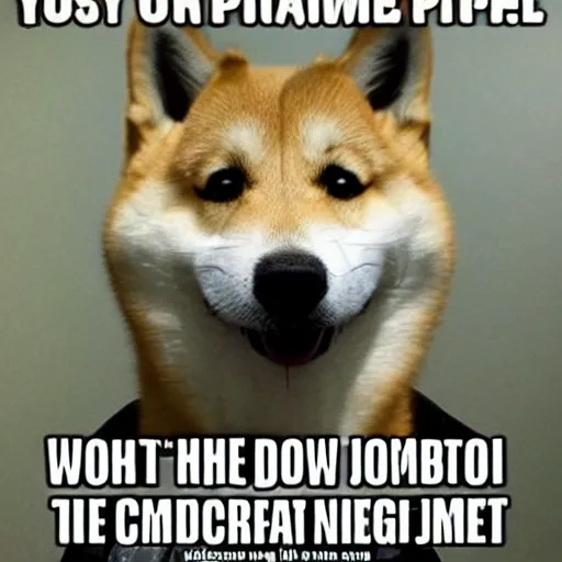 Image similar to doge is the pilot of a commercial jet. whimsical photo meme. kabosu the shiba - inu.