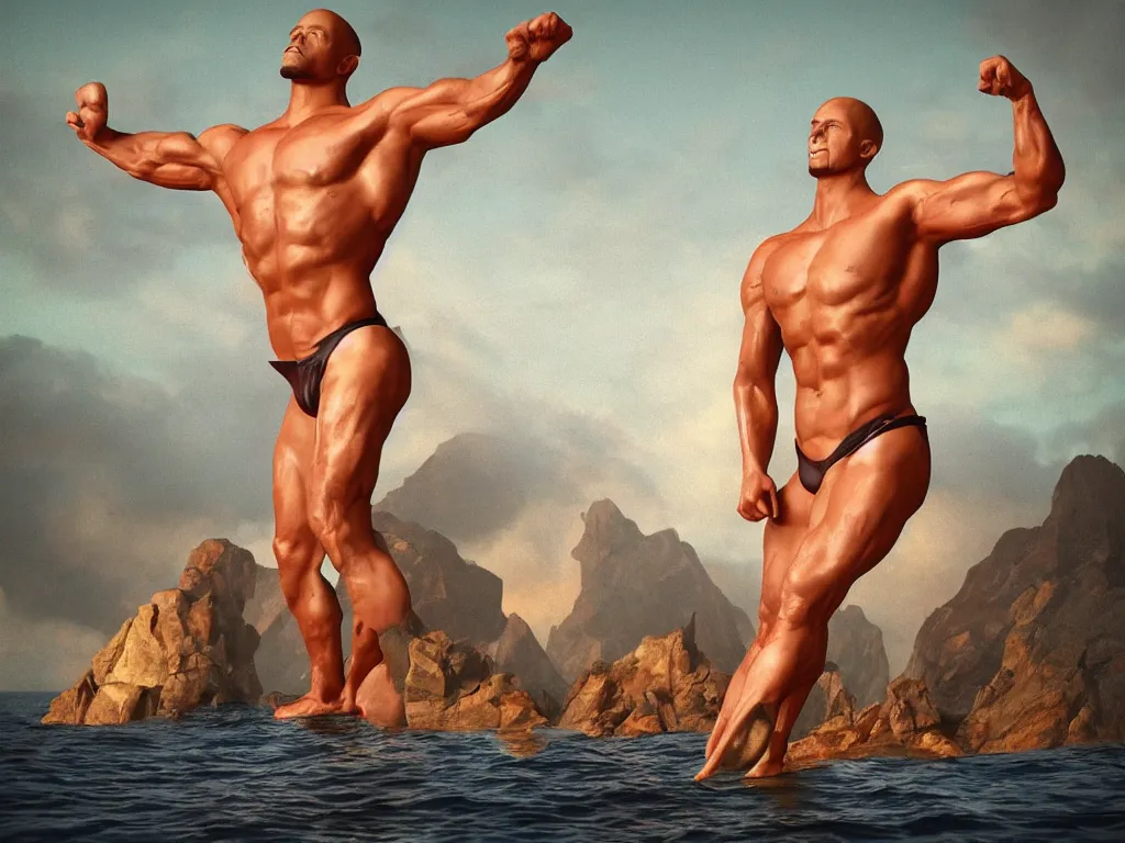 Prompt: mountain with strong arms standing on muscly legs in speedos in the middle of the ocean, religious portrait lighting, oil painting 3d rendering