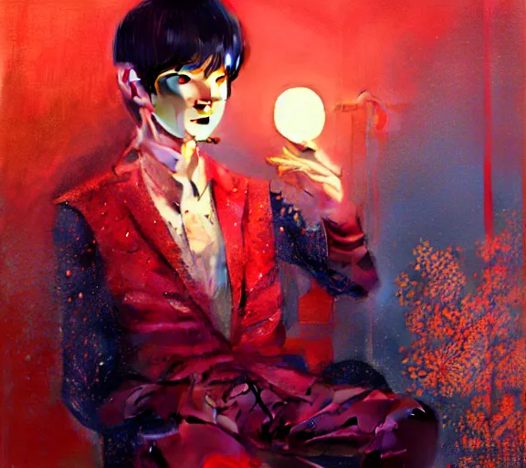 Prompt: harmony black room, mute, nadir lighting, polarizer, ( black haired yoongi wearing red sequin jacket ) by wlop, james jean, victo ngai, beautifully lit, muted colors, highly detailed, fantasy art by craig mullins, thomas kinkade