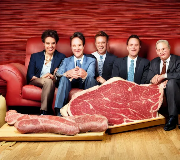Prompt: realistic photograph of couch made out of meat, business men sitting on couch of meat and talking,