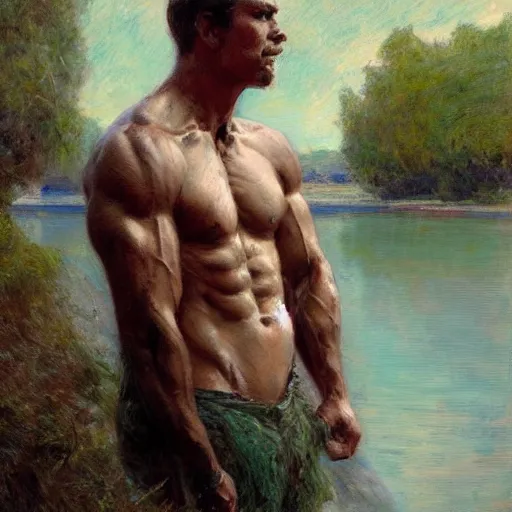 Image similar to man by the river, muscular, detailed face, correct face, painting by Gaston Bussiere, Craig Mullins