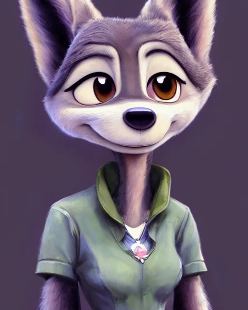 Image similar to beautiful oil painting of anthromorphic female wolf, in style of zootopia, zootopia, zootopia, fursona, furry, furaffinity, 4 k, deviantart, furry art, fursona art, wearing black business suit, business suit, in style of zootopia, wolf fursona, cyberpunk, female, very very expressive detailed feminine face,