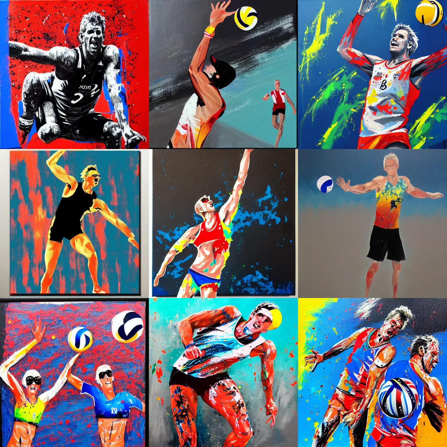 Prompt: karch kiraly, beach volleyball, acrylic on canvas, splattered paint, black background, trending on artstation