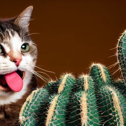 Image similar to A real photograph of a cat licking a cactus, close view, studio lighting, DSLR