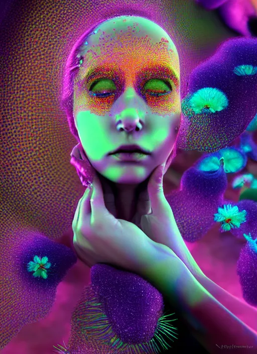 Image similar to hyper detailed 3d render like a Oil painting - Aurora (cyberpunk oil rainbow faced Singer) seen Eating of the Strangling network of yellowcake aerochrome and milky Fruit and Her delicate Hands hold of gossamer polyp blossoms bring iridescent fungal flowers whose spores black out the foolish stars by Jacek Yerka, Mariusz Lewandowski, Houdini algorithmic generative render, Abstract brush strokes, Masterpiece, Edward Hopper and James Gilleard, Zdzislaw Beksinski, Mark Ryden, Wolfgang Lettl, hints of Yayoi Kasuma, octane render, 8k