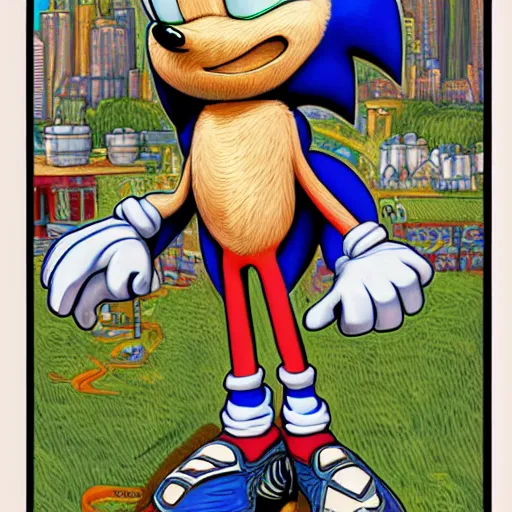 Image similar to full figure shot of Sonic the Hedghehog, by Robert Crumb, intricate, elegant, highly detailed, centered, digital painting, artstation, concept art