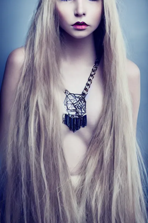 Prompt: fashion photograph of a cute girl with long blonde hair, hanging chain face jewelry and geometric floral face makeup, fantasy outfit dress, realistic, full body shot