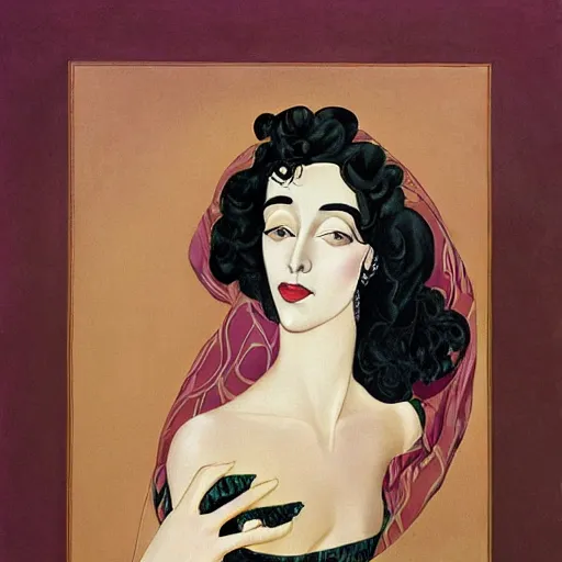 Prompt: oil painting of a portrait of a Queen dark curly hair, fair skin, by Patrick Nagel, by Georgia O Keeffe, by Gustave Moreau, art deco, matte drawing, storybook illustration, tonalism, realism, flat colors