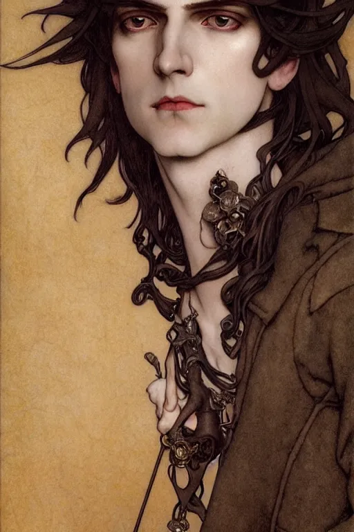 Image similar to edmund dulac, leyendecker, highly detailed portrait, a beautiful androgynous sebastian michaelis, long hair, tall and thin, wearing several pendants, art nouveau, stephen bliss, unreal engine, by greg rutkowski, loish, ferdinand knab, ilya kuvshinov, rossdraws, tom bagshaw, alphonse mucha, global illumination, radiant light