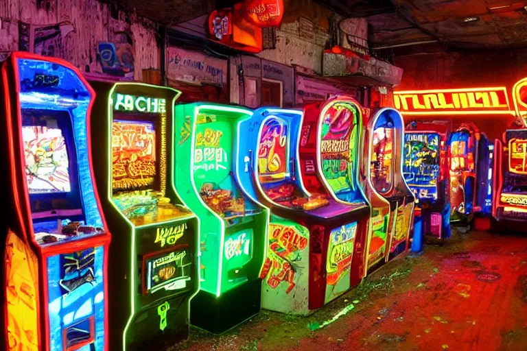 Prompt: batch of retro derelict arcades places on open space, neon, cyberpunk