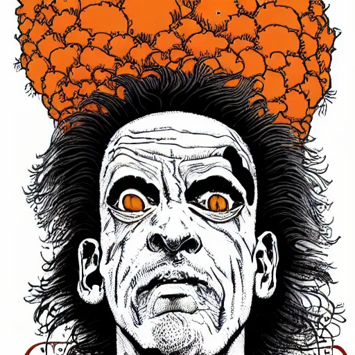 Prompt: close up portrait of goth guy with wild hair, by geof darrow, geof darrow art,