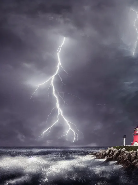 Prompt: photo of 8k ultra realistic lighthouse on island, heavy rain, ,lightning storm, boat lights in distance, night, light shining, heavy seas, full of colour, cinematic lighting, battered, trending on artstation, 4k, hyperrealistic, focused, extreme details,unreal engine 5, cinematic, masterpiece, art by studio ghibli