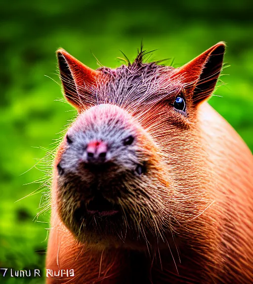 Image similar to award winning 5 5 mm close up portrait color photo of a capybara with pink slime oozing out of its nose, in a park by luis royo. soft light. sony a 7 r iv