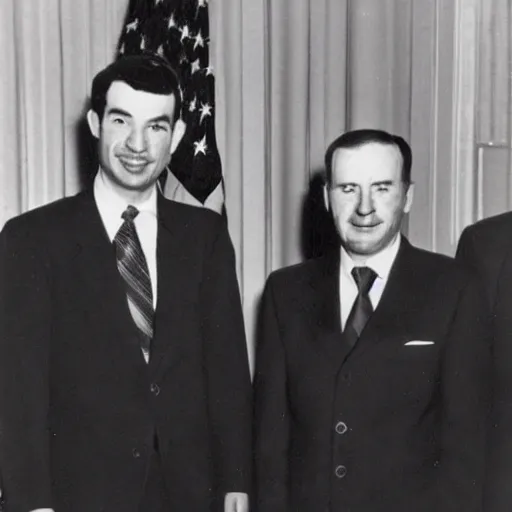 Prompt: nathan fielder standing next to vice president cheney, black and white photograph, 1948