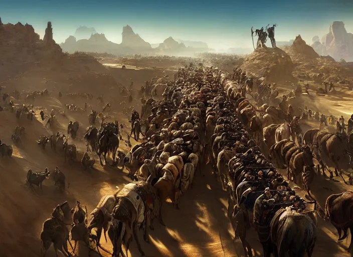 Image similar to overhead view of a the big large expedition with a very crowd of adventurers being brought by gigantic mammals carrying stuff towards the desert of duhnes medium shot, key art by craig mullins, bloom, dramatic lighting, cinematic, high details