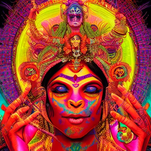 Prompt: An extremely psychedelic experience, colorful, surreal, dramatic lighting, Hindu Goddess Kali Ma, LSD, face, detailed, intricate, elegant, highly detailed, digital painting, artstation, concept art, smooth, sharp focus, illustration, art by Sam Spratt, Dan Mumford, Artgem and Alphonse Mucha