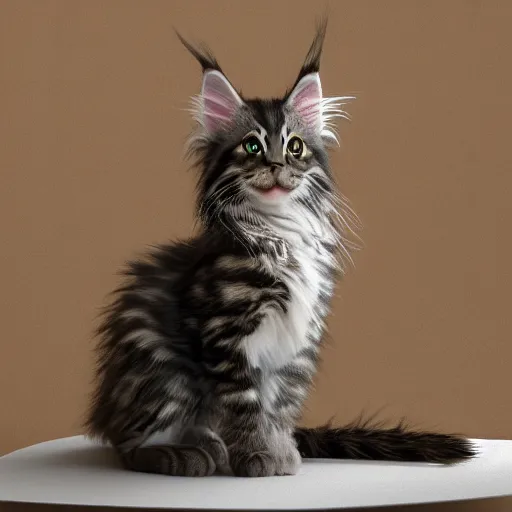 Image similar to eye - level view, a super cute maine coon kitten ate my homework and got smart, hilarious, funny, back to school comedy, cg animation, 3 d octane render, hdr