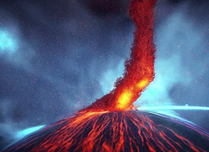 Prompt: 3d render of a volcanic eruption flowing and flying through interstellar deep space in the art style of Vincent van Gogh, very Vincent van gogh style, octane render