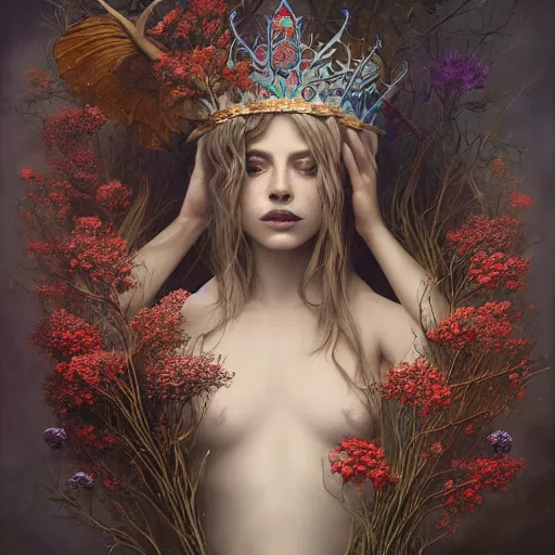 Image similar to fine art photo of the beauty goddess louisa rose allen, she has a crown of dried flowers, by peter mohrbacher