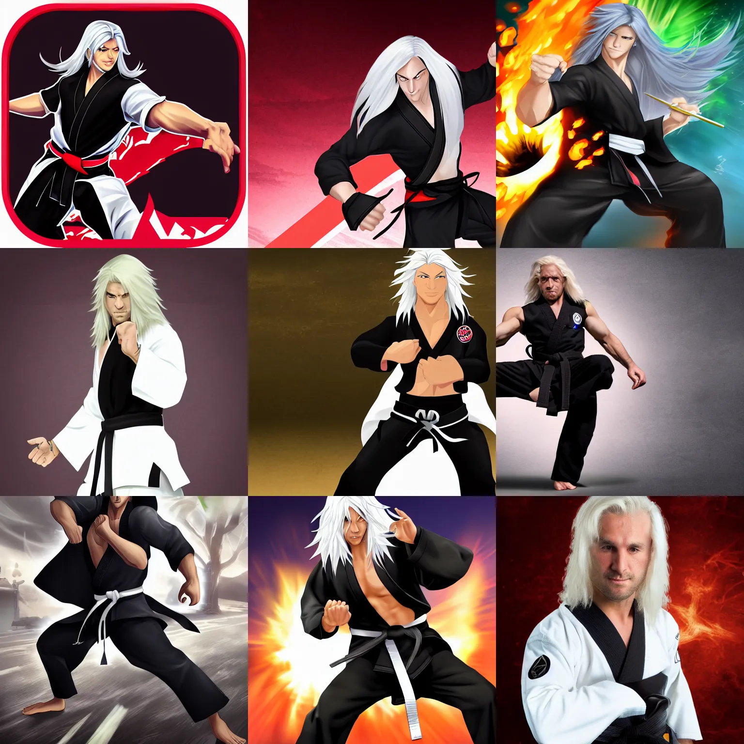 male martial artist with long white hair, wearing a Stable Diffusion