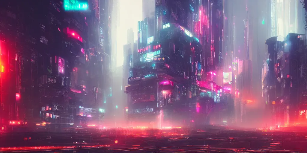 Image similar to i, a cyberpunk city, mist, rain, neon light, giant aircrafts, high definition, trending on artstation