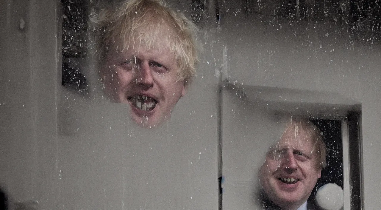 Prompt: a zoomed out photo taken from the inside of an old house, showing window blinds being pulled back to reveal a terrifying boris johnson with his unhinged face pressed against the window and his bloody hands placed on the window, horrifying grin. horror, raining, night time