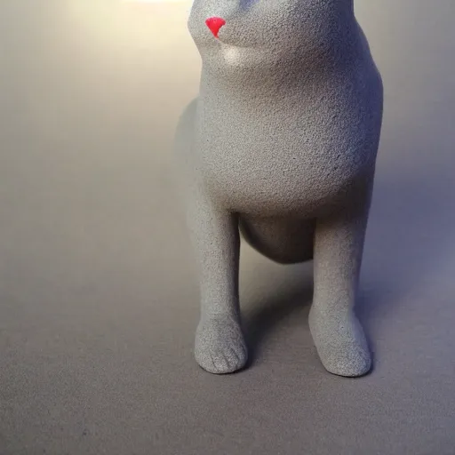 Image similar to medium - shot realistic light grey clay cat, full body, walking, rough, handmade, fingerprints on clay, masterpiece, by adam beane