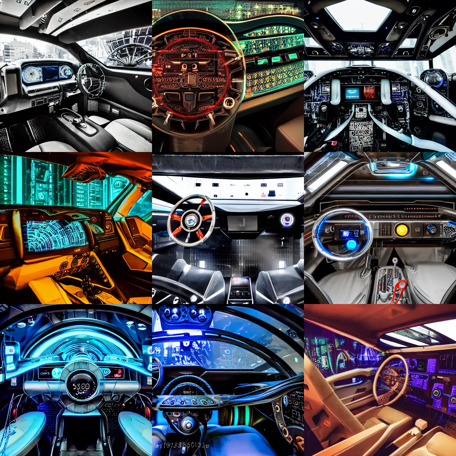Prompt: photograph of inside of a futuristic cyberpunk car with screens and dials and switches, steampunk, highly detailed