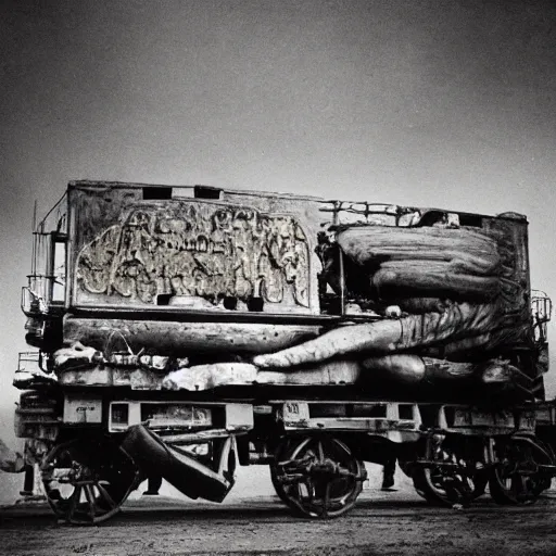 Prompt: a boxcar made of flesh and bone, War Photography, by H.R. Giger