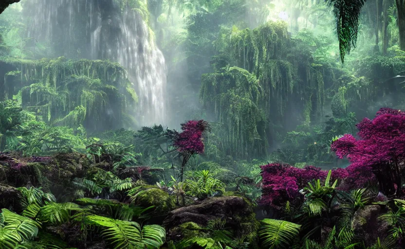 Image similar to a beautiful render of a dark prehistoric rainforest in a humongous cave, lush flora, patches of sky, magenta, green, sunset, floating mountains and a waterfall in the background, intricate detail, hazy, humid, volumetric lighting, 8 k, photorealistic, raytracing effects, unreal engine 5