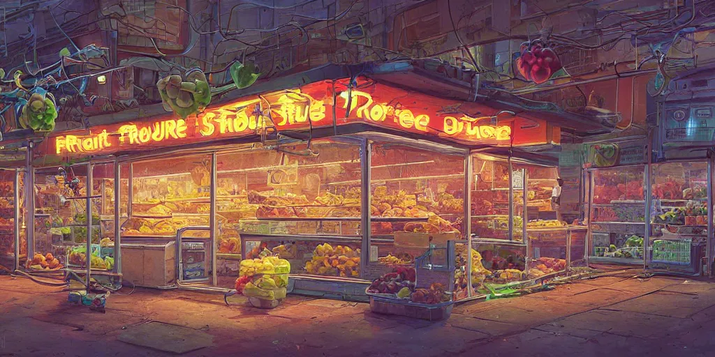 Image similar to fruit store, 1 9 8 0, retrofuturism, cluttered, wires everywhere, window, at night, dramatic lighting, alien technology, detailed by simon stalenhag