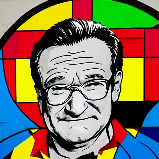 Prompt: robin williams street art mural by romero britto and haruki murakami : 1 high contrast, hard edges, matte painting, geometric shapes, masterpiece : 1