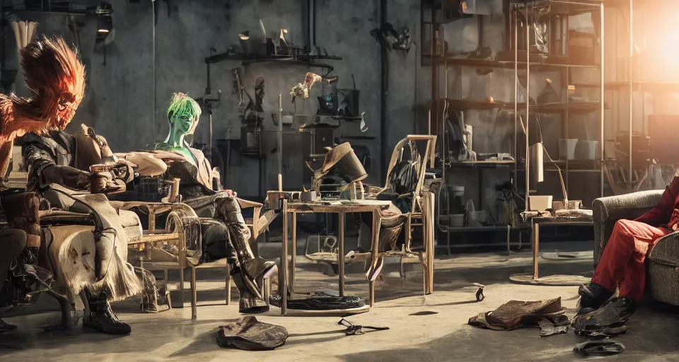 Image similar to impressive small close cinematography scene featuring bio - punk aesthetic furniture. close shot of two characters discussing an important topic. film still from the new live - action adventure movie. special effects from the studios called industrial light & magic, weta.