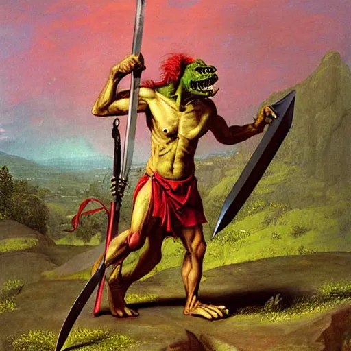 Image similar to dog - faced muscular goblin, ugly face, lizard tail, holding scimitar made of bone, scimitar, sword, jagged sword, curved sword, orkish sword, colorized, green skin, red sky, hyper - detailed, primeval fantasy, prehistoric fantasy, art by jacques - louis david