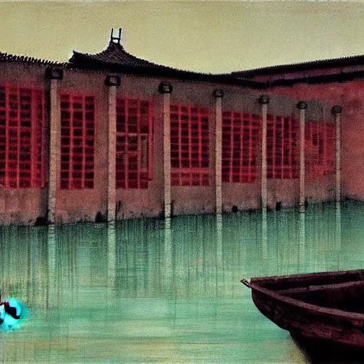 Image similar to a chinese prison near a river by peter doig, muted colors