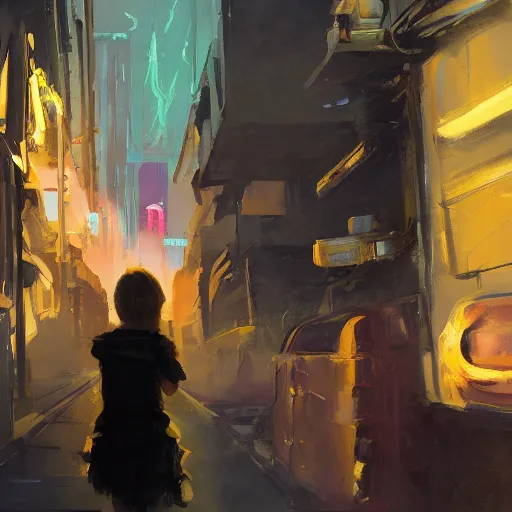 Prompt: back view, blonde 8 year old brilliant tomboy girl, staring upward at a visible huge rocketship launch and plume of fire, in a crowded neon violent dirty impoverished sci - fi cyberpunk tenement violent dirty alley, full of garbage, at night, dramatic, gregory manchess, james gurney, james jean, digital painting