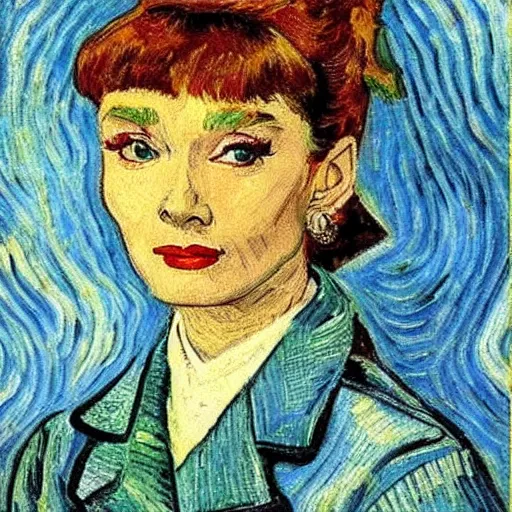 Image similar to audrey hepburn art by van gogh.