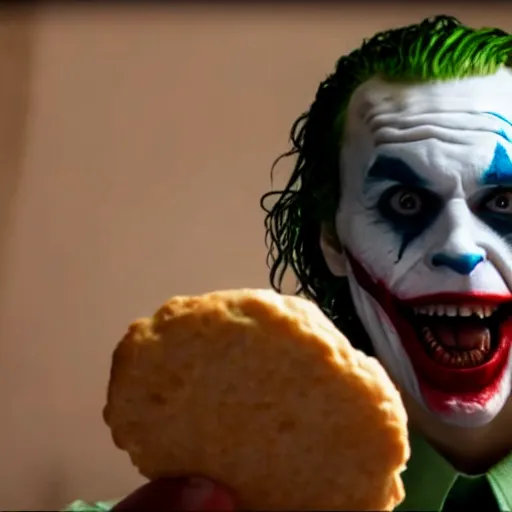 Image similar to cinematic shot of the joker biting into a flour biscuit, 8 k, very detailed, very intricate,