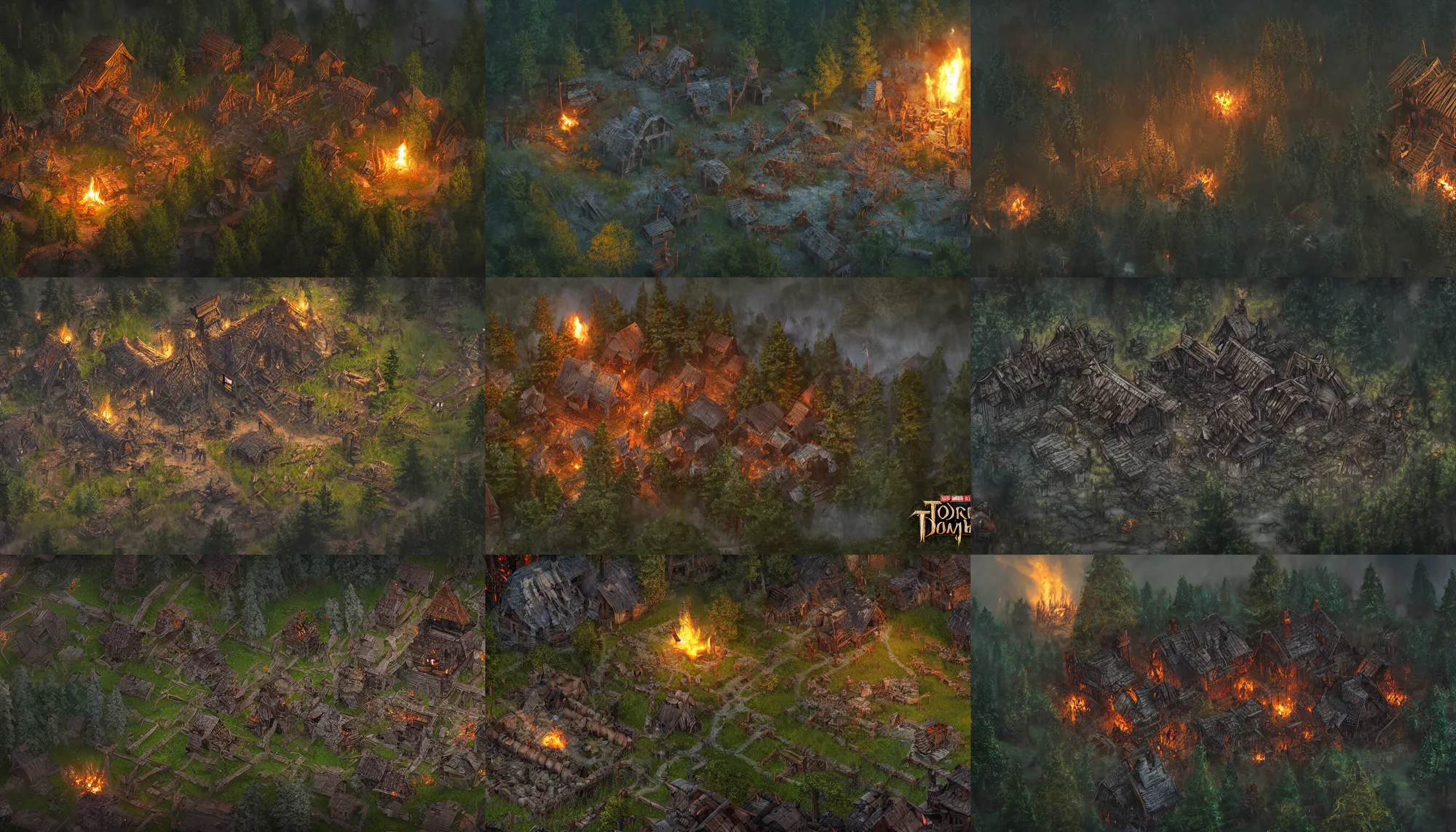 Prompt: Game top down view, а slavic half-destroyed wooden village palisaded , everywhere dark night lit by torches, build in a forest near of a lake, realistic, detailed, artstation, cgsociety, 8k, dark fantasy, gloomy, inspired by games Diablo 3, Grim dawn, Path of exile