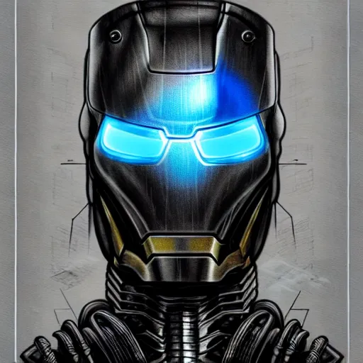 Image similar to steampunk, H.R. Giger design of Iron Man, face and body, drawing on pencil, ornate, details, smooth, sharp focus, illustration, realistic, cinematic, artstation, award winning, rgb, ethereal blue lighting, 8K, H 1088