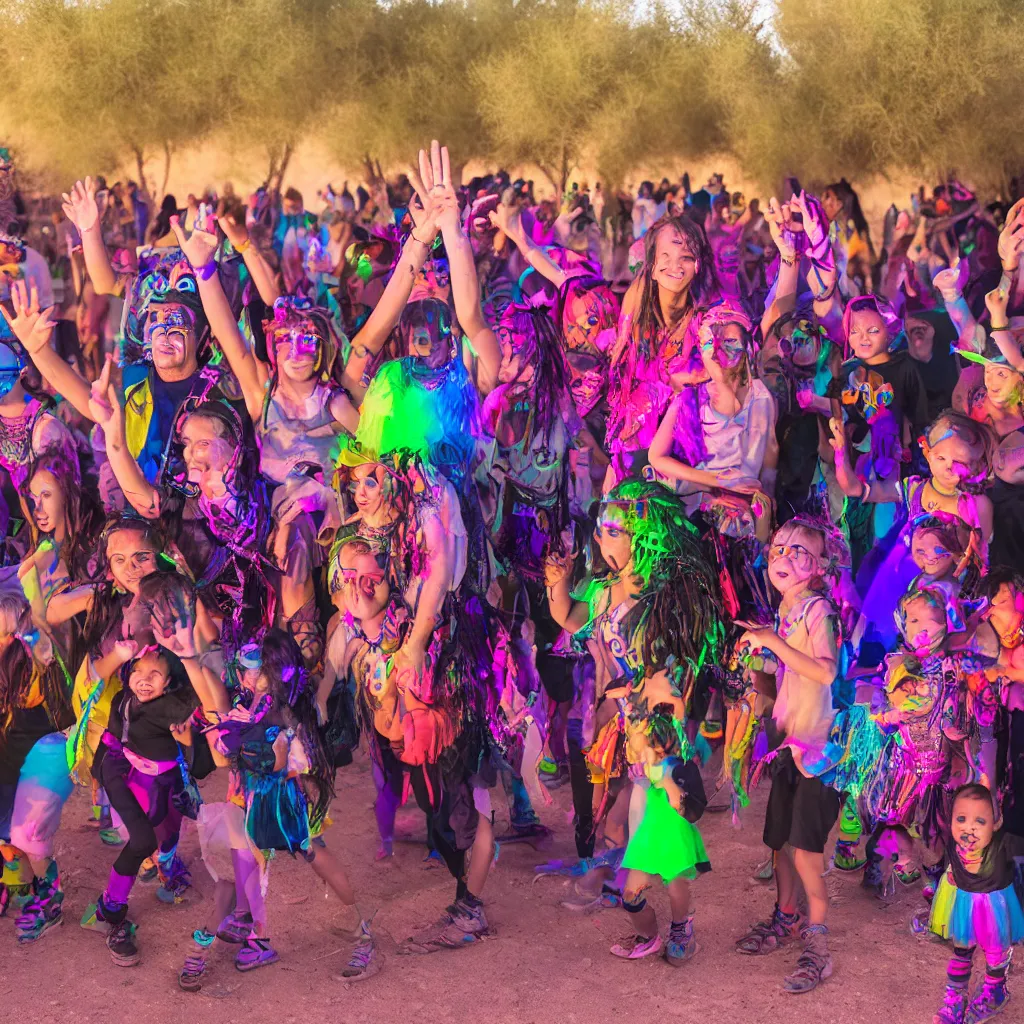 Prompt: family rave in the desert with diverse ages and ethnicities, XF IQ4, 150MP, 50mm, F1.4, ISO 200, 1/160s, dawn