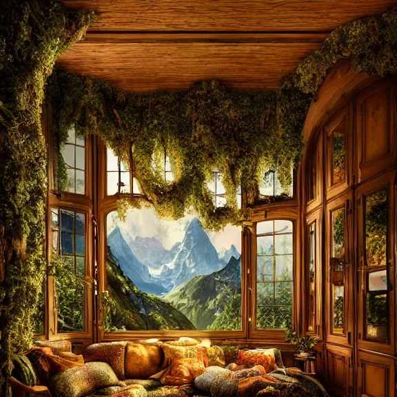 Image similar to fantastical living room with switzerland landscape in the window by marc adamus, beautiful dramatic lighting, overgrown with funghi, style by peter deligdisch, peterdraws